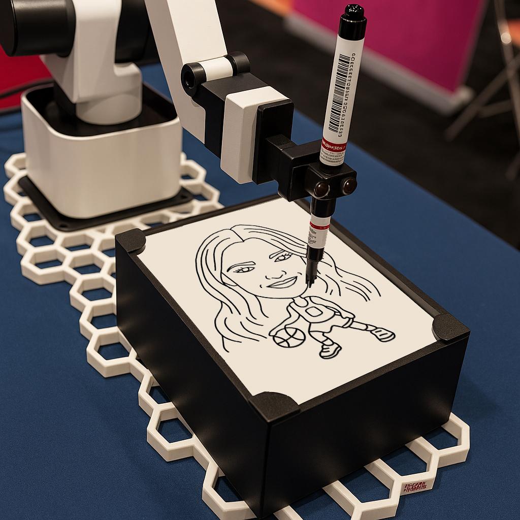 Sketch Robot creating a live AI caricature for a guest at a Dubai event, with fun mini-body themes and on-the-spot printing for branded souvenirs.